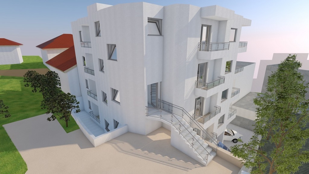 Visualizzazione dell'edificio residenziale con balconi e scala esterna