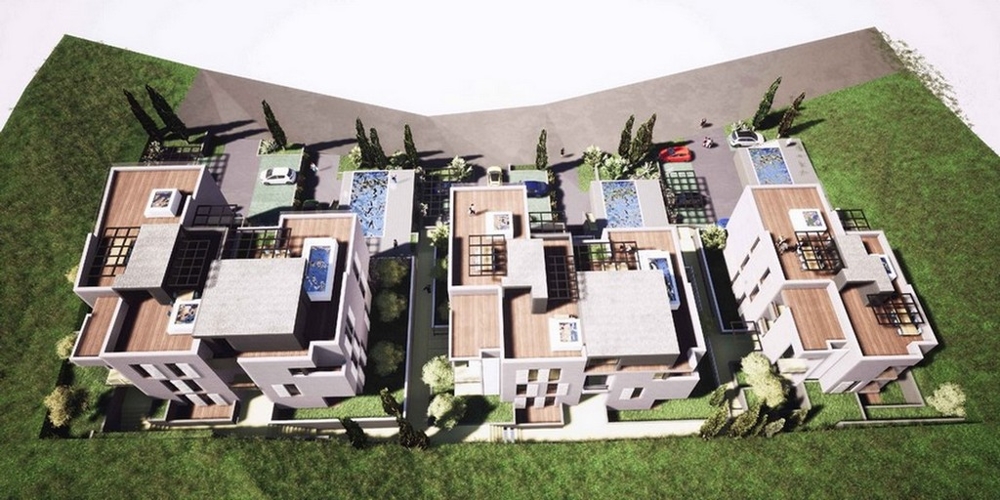 Visualizzazione del complesso residenziale a volo d'uccello