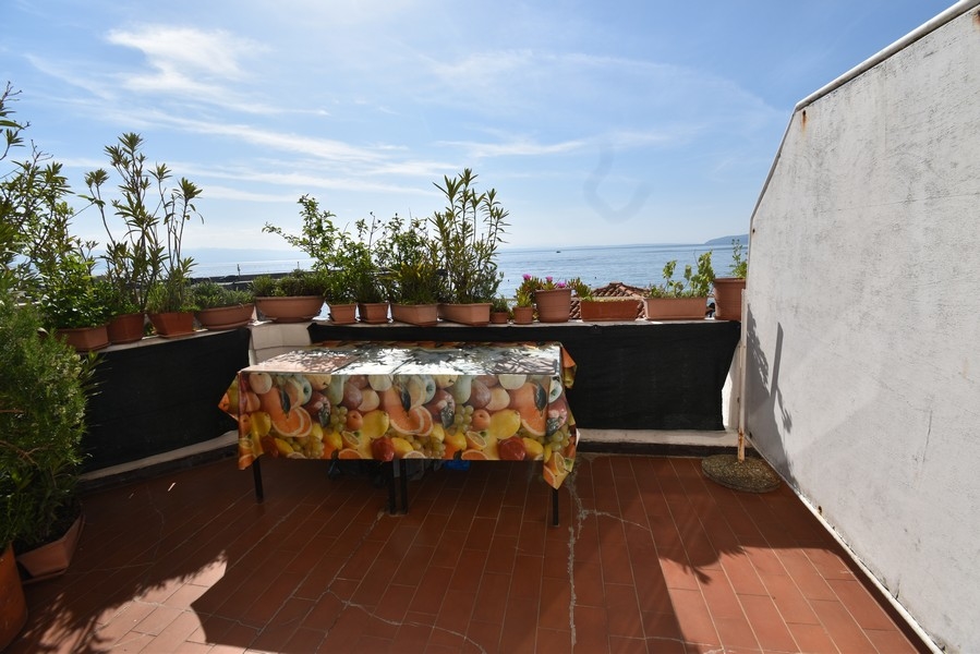 Terrazza sul tetto con tavolo e piante in vaso sopra il mare