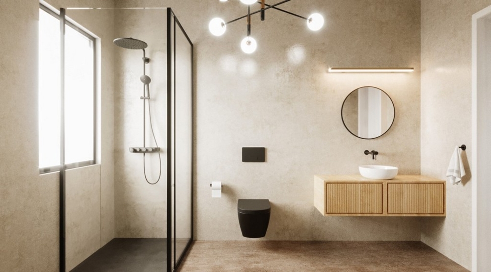 Visualizzazione del bagno con doccia a pioggia e lavabo in legno
