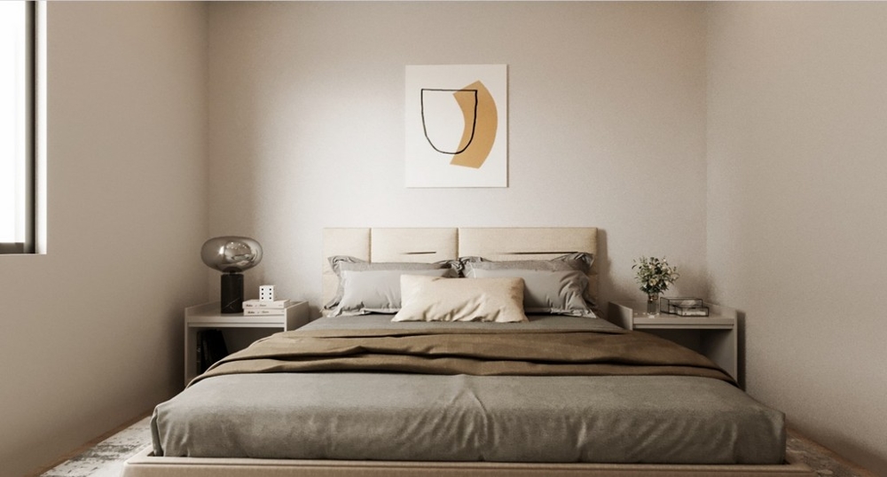 Visualizzazione della camera da letto in toni caldi di beige
