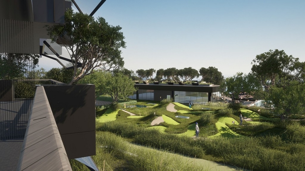 Visualizzazione del complesso residenziale con giardino paesaggistico