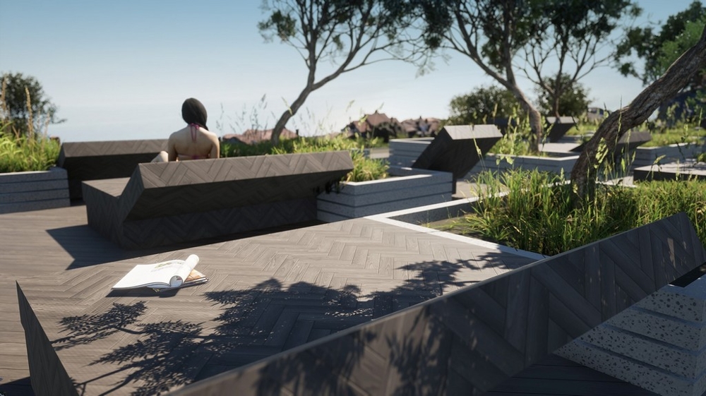 Terrazza con panca e dintorni verdi