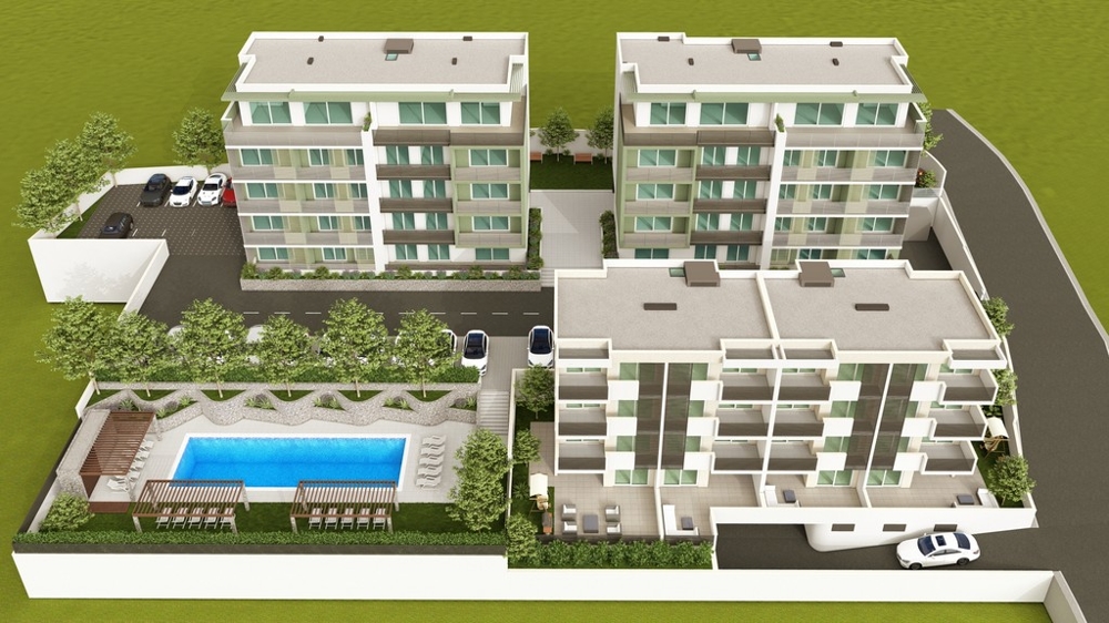 Visualizzazione dell'area con piscina tra gli edifici