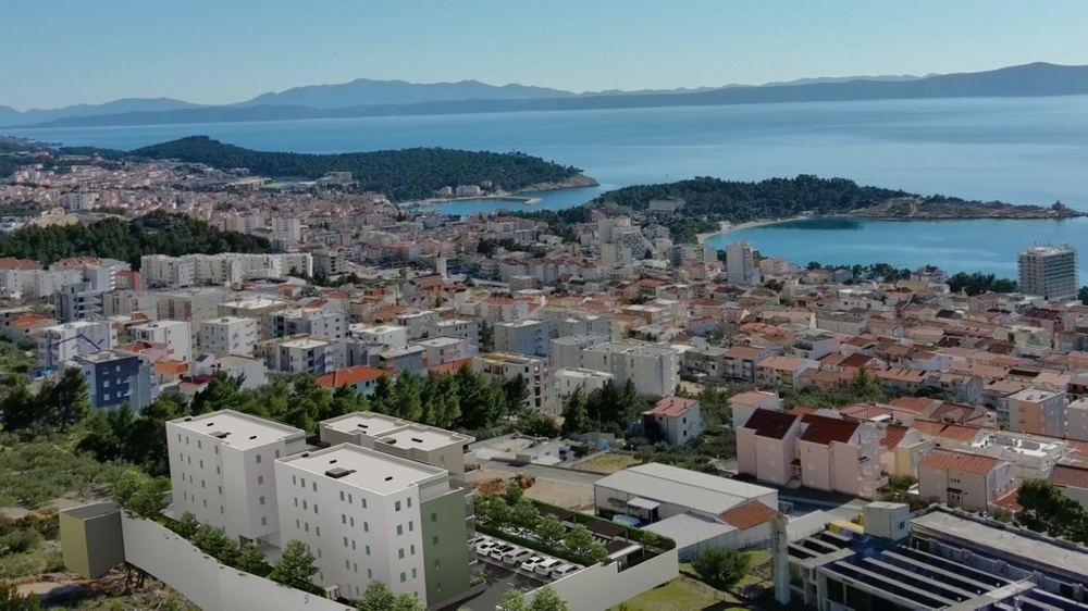 Veduta aerea della città con porto e penisola boscosa