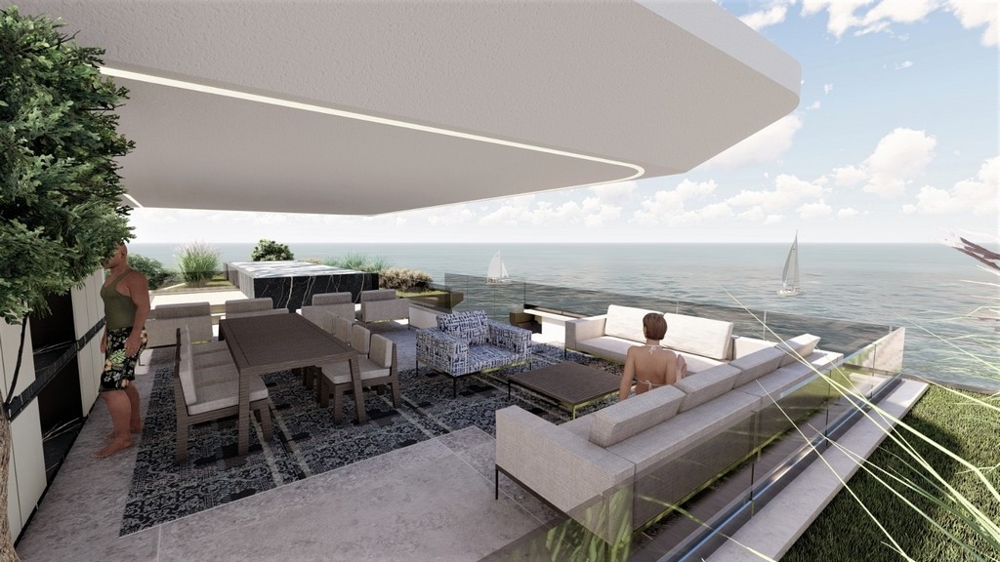 Visualizzazione della terrazza sul tetto con lounge e piscina sul mare