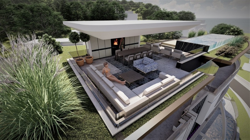 Visualizzazione della terrazza sul tetto con lounge e camino