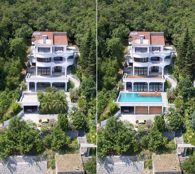 Due viste della casa con e senza la piscina prevista