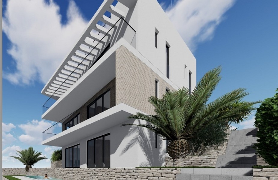 Visualizzazione della casa con scala esterna e palme