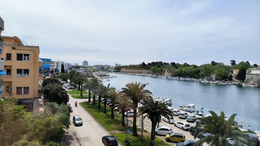 Vista sul lungomare con palme e sul porto