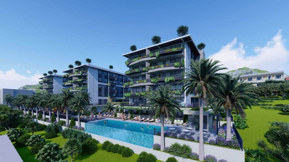 Complesso residenziale con piscina condominiale e palme, Makarska