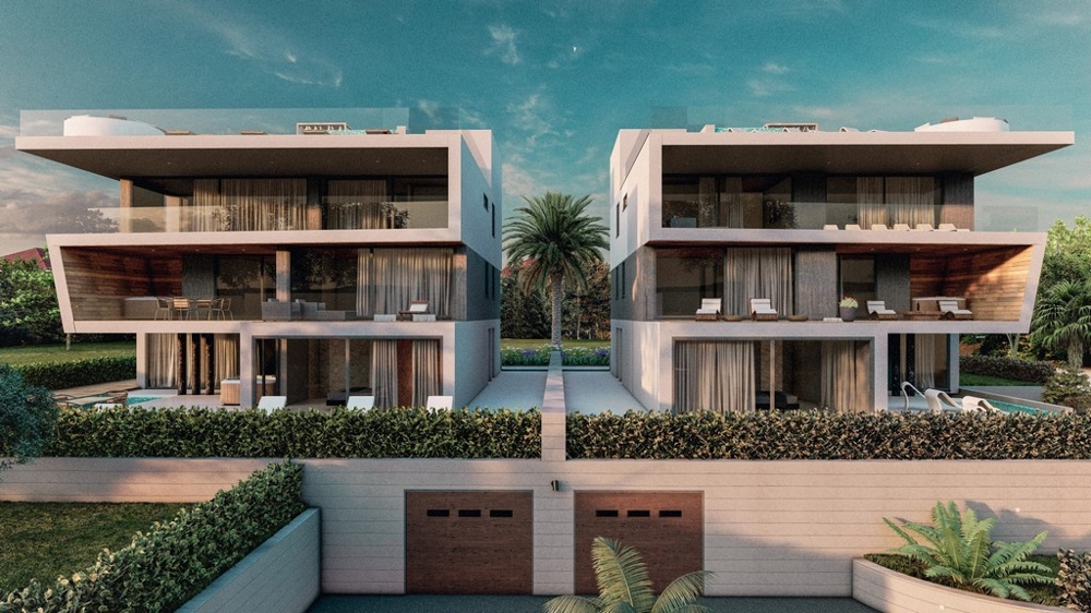 Visualizzazione di due case con palma e garage nel mezzo