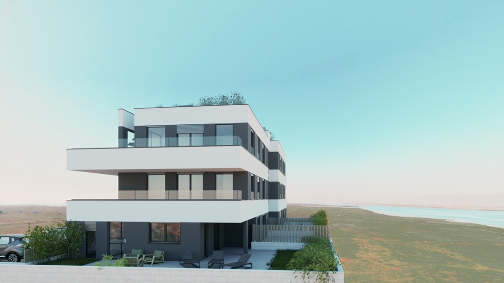 Vista architettonica di un edificio residenziale sul mare a Privlaka