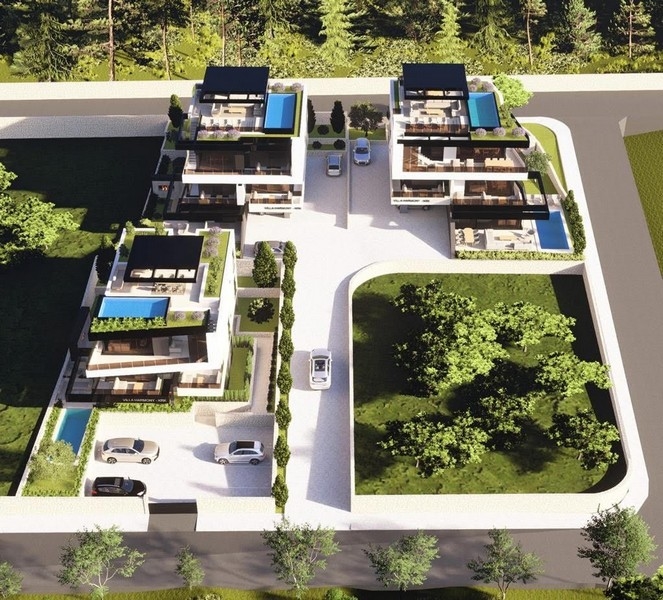 Vista dall'alto di un nuovo complesso di appartamenti in Croazia con accesso centrale e aree verdi circostanti – appartamenti di nuova costruzione in vendita in Croazia.