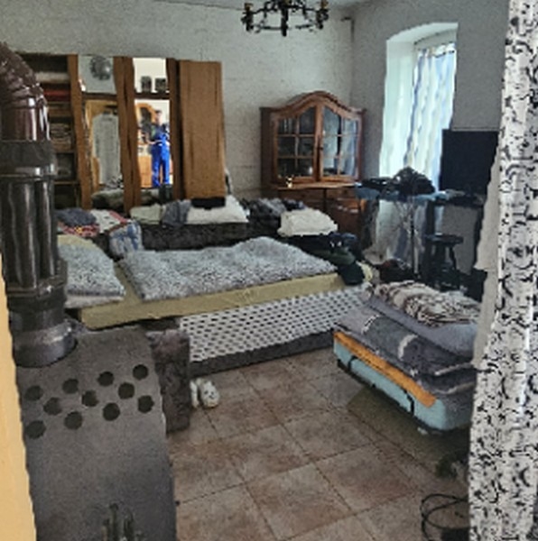 Soggiorno con più divani e una stufa a legna, specchio e televisore