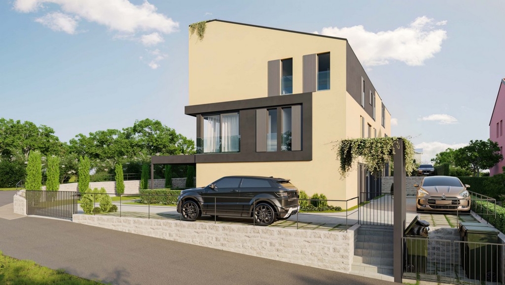 Immobili Croazia, appartamento in vendita isola di Krk - vista frontale, facciata di stile con grandi finestre e verde circostante