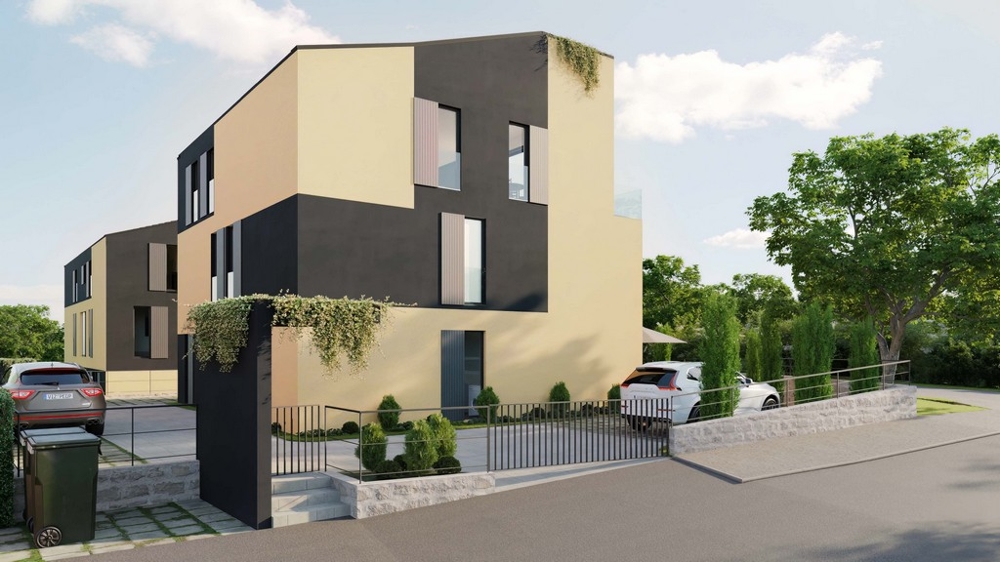 Immobili Croazia, appartamento in vendita isola di Krk - vista laterale, architettura moderna con accenti in pietra naturale e aree verdi integrate