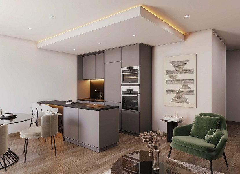Immobili Croazia, appartamento in vendita isola di Krk - interno, elegante soggiorno con cucina moderna, arredamento di stile e illuminazione calda