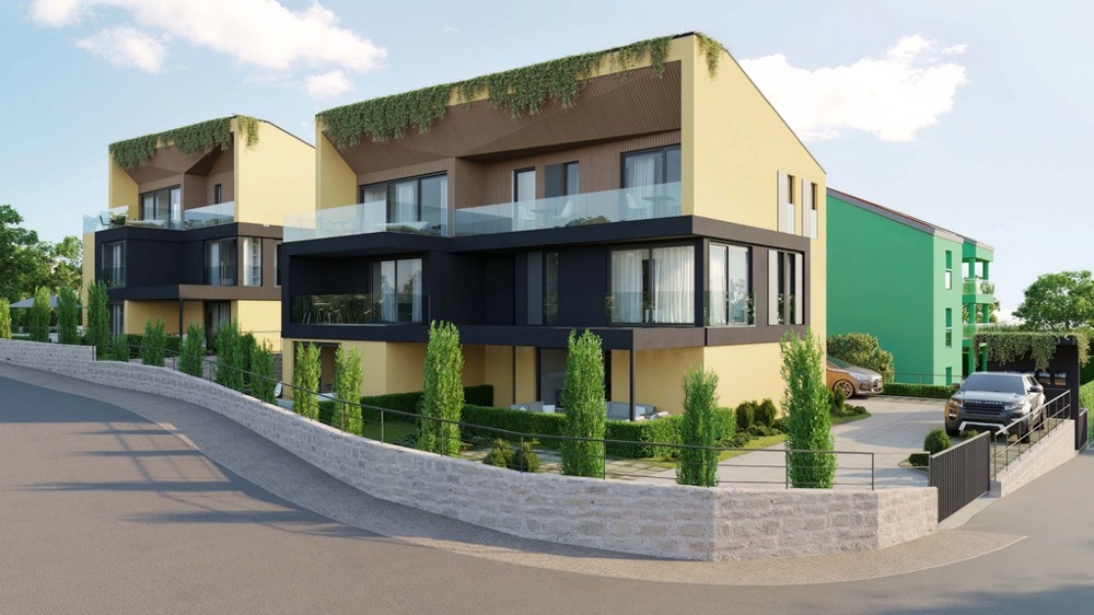Immobili Croazia, moderno appartamento su più piani in vendita sull'isola di Krk con grande balcone e vegetazione
