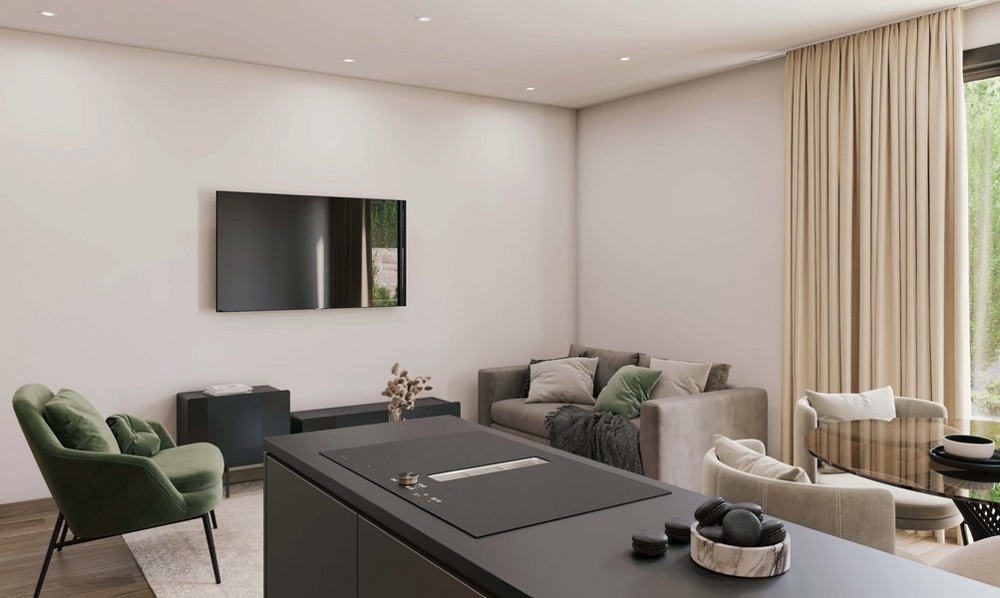 Immobili Croazia, concetto abitativo aperto nell'appartamento sull'isola di Krk con design moderno e arredamento accogliente