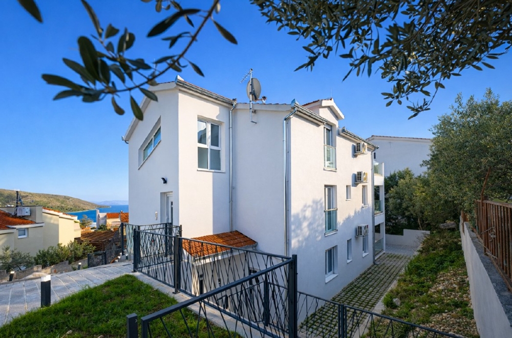 Casa bianca dietro rami di ulivo con vista sulla baia