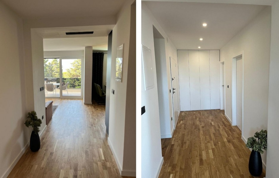 Corridoio con parquet, armadio guardaroba e vista sulla terrazza