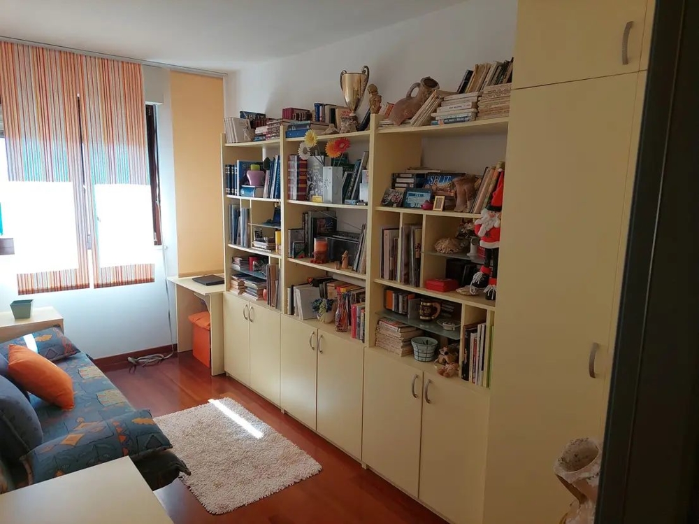 Stanza con librerie, scrivania e divano, finestre luminose