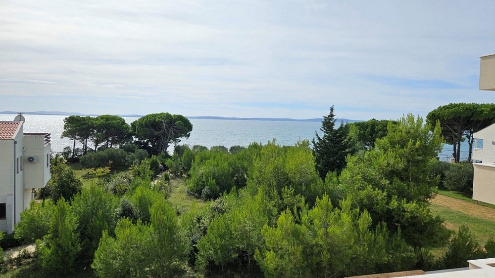 Vista mare dal secondo piano, circondata da vegetazione verde e alberi