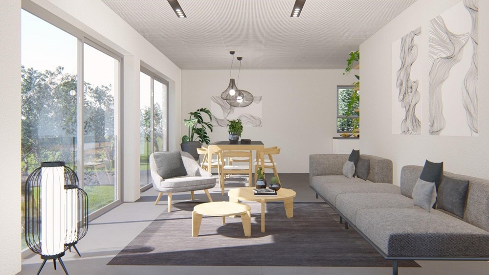 Zona giorno con grandi vetrate e accesso alla terrazza