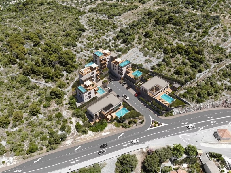 Rendering dell'area con più case e piscine