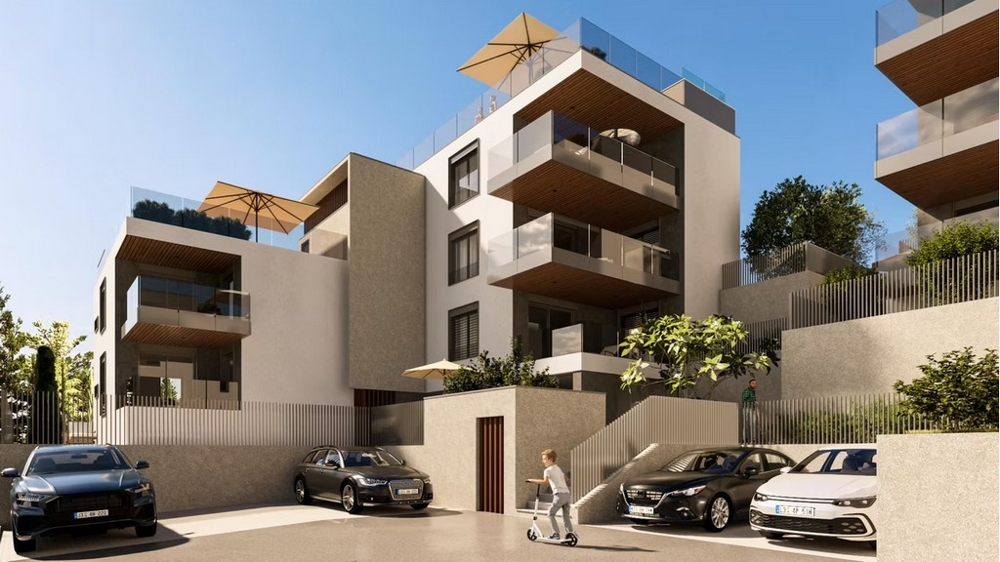 Rendering delle case con terrazze e posti auto