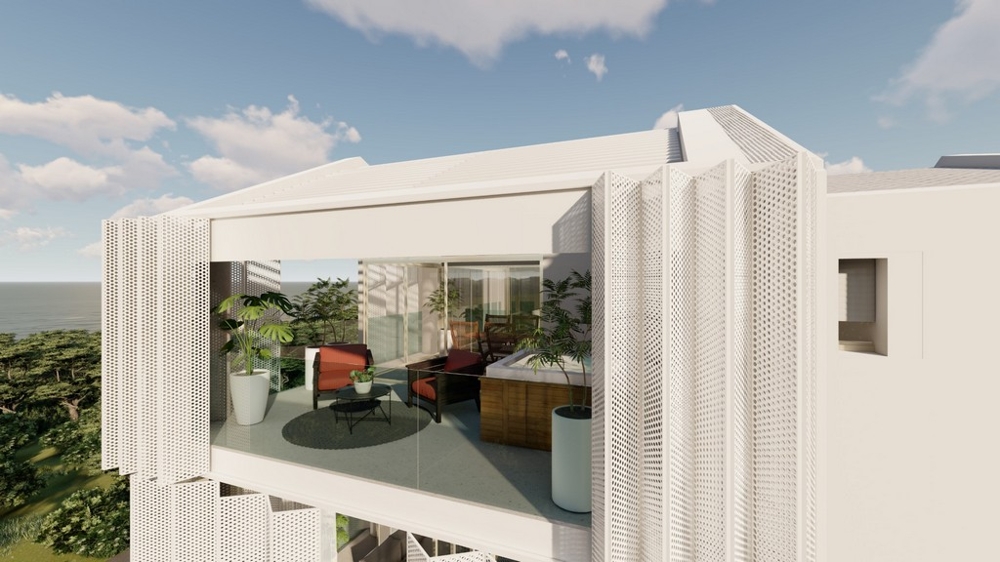 Rendering della loggia con poltrone dietro persiane a lamelle