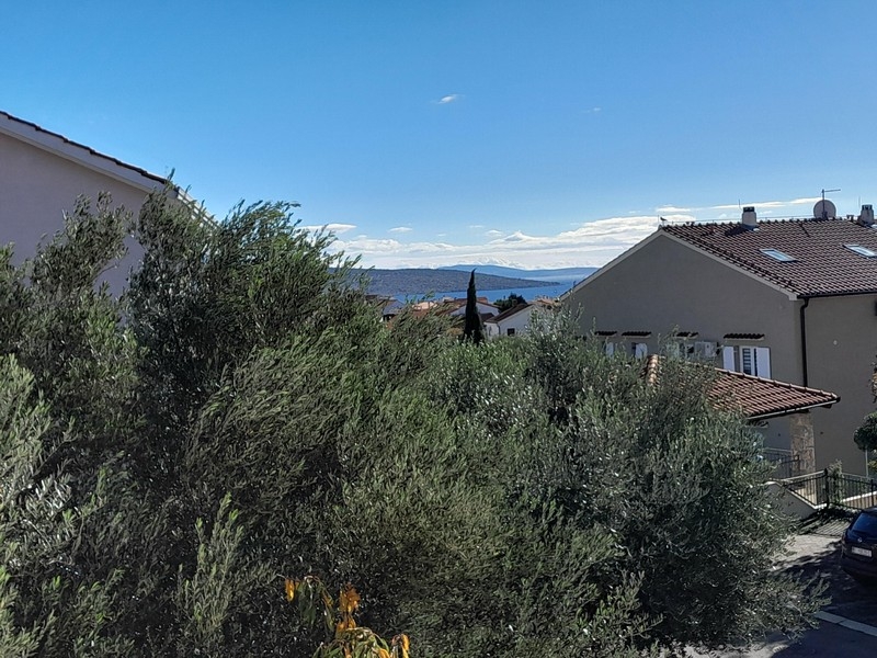 Ulivi e tetto in tegole davanti alla baia nella luce del mattino