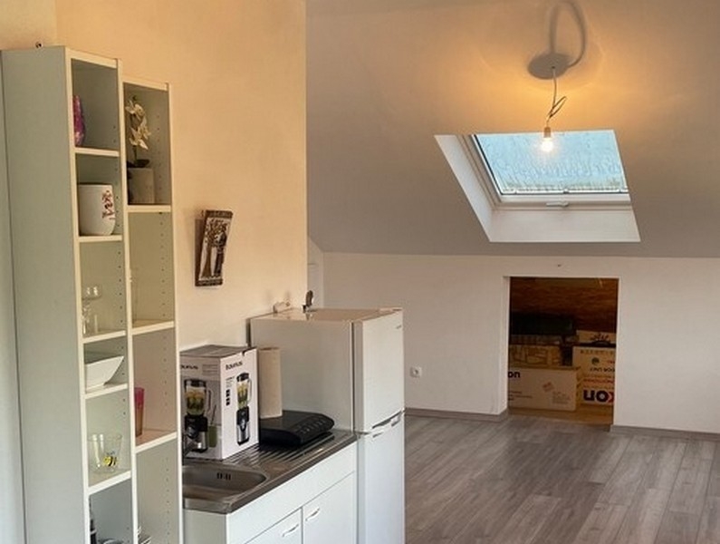 Zona giorno con cucina lineare e finestra sul tetto