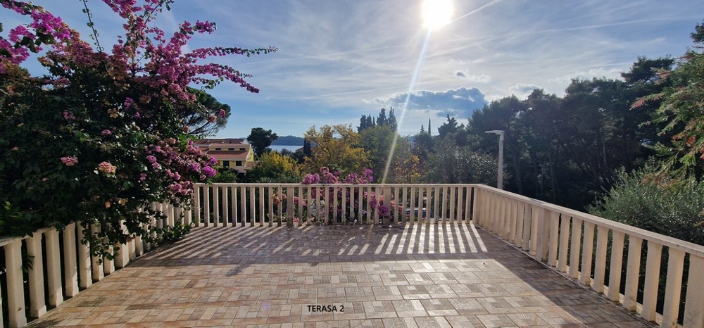 Terrazza con balaustra e buganvillea in fiore