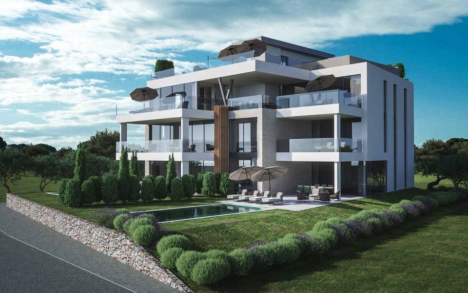 Rendering della casa con piscina e siepi di lavanda