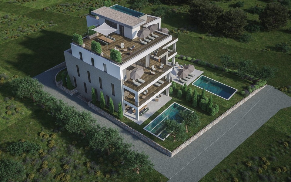 Rendering dall'alto con piscina sul tetto e due piscine nel giardino