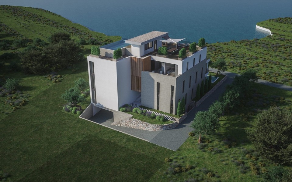 Rendering del complesso con terrazza sul tetto in alto sulla costa