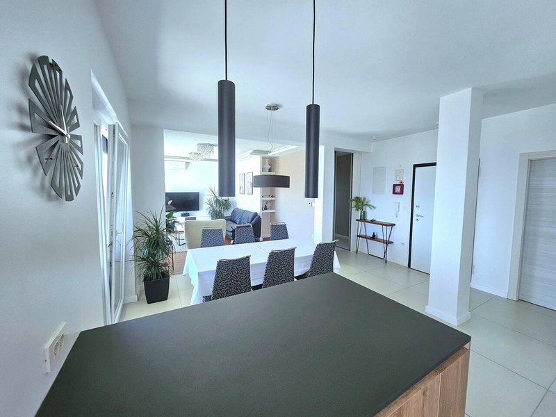 Bancone della cucina con vista sulla zona pranzo e sull'ingresso