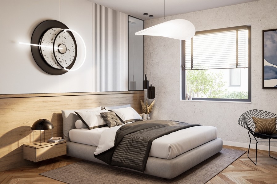 Elegante camera da letto in un esclusivo appartamento di nuova costruzione