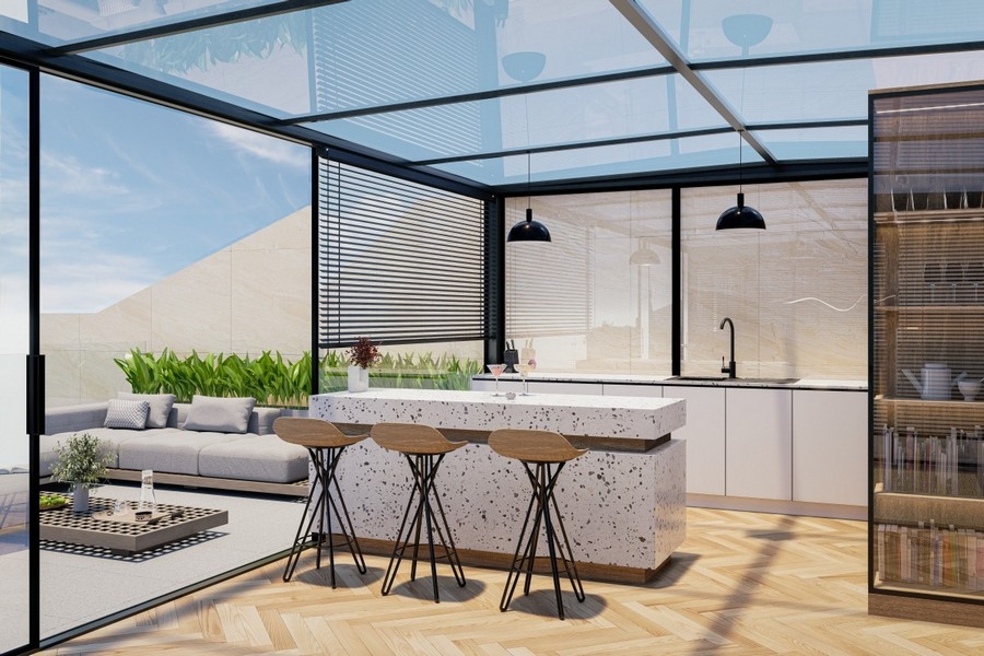 Cucina esterna coperta con zona lounge e vista mare