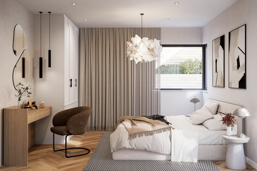 Elegante camera da letto con grande finestra e luce naturale