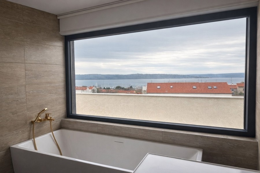 Bagno con vasca e vista mare