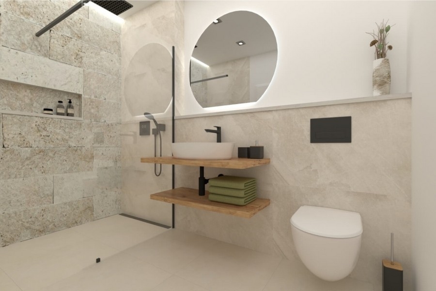 Elegante bagno con doccia a filo pavimento