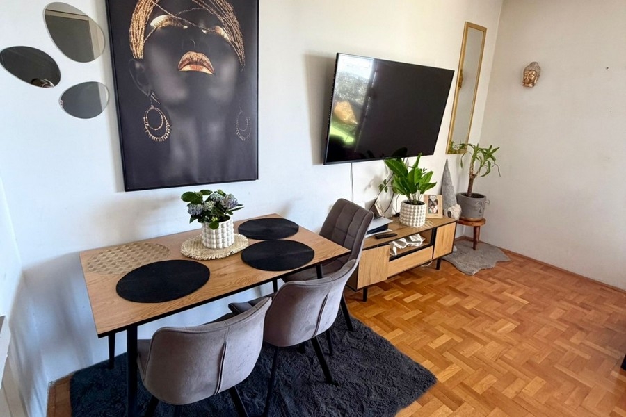 Zona giorno con tavolo da pranzo e televisore
