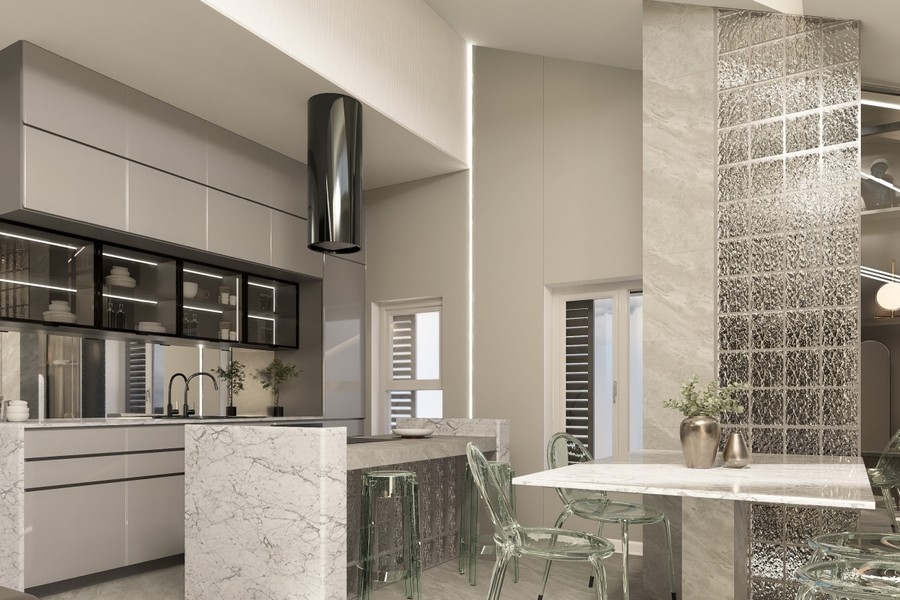 Cucina con parete in vetrocemento