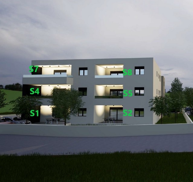 Rendering della nuova costruzione con gli appartamenti S7 e S8 al 2° piano
