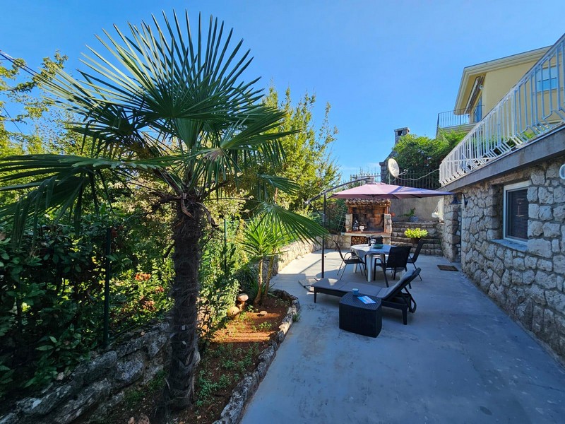 Terrazza con palma e lettini dell'appartamento a Njivice
