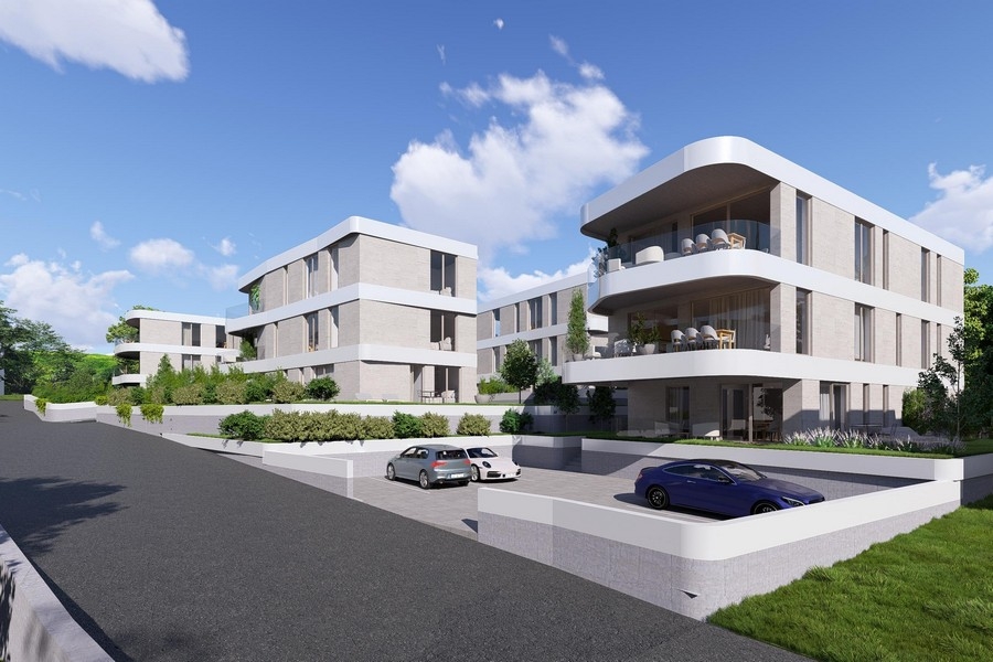 Attico di nuova costruzione in vendita a Krk, rendering del complesso residenziale con posti auto