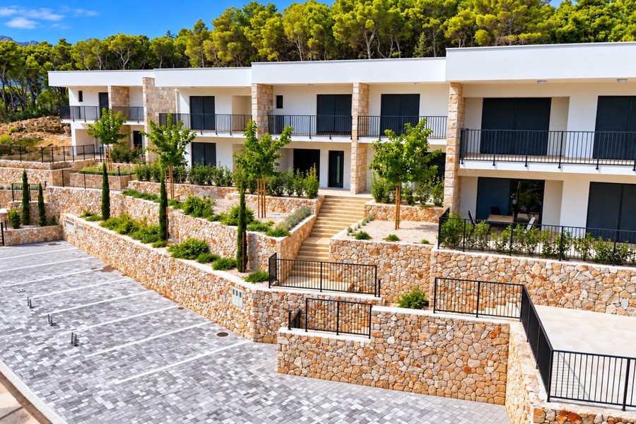 Complesso residenziale con terrazze e accesso a scale
